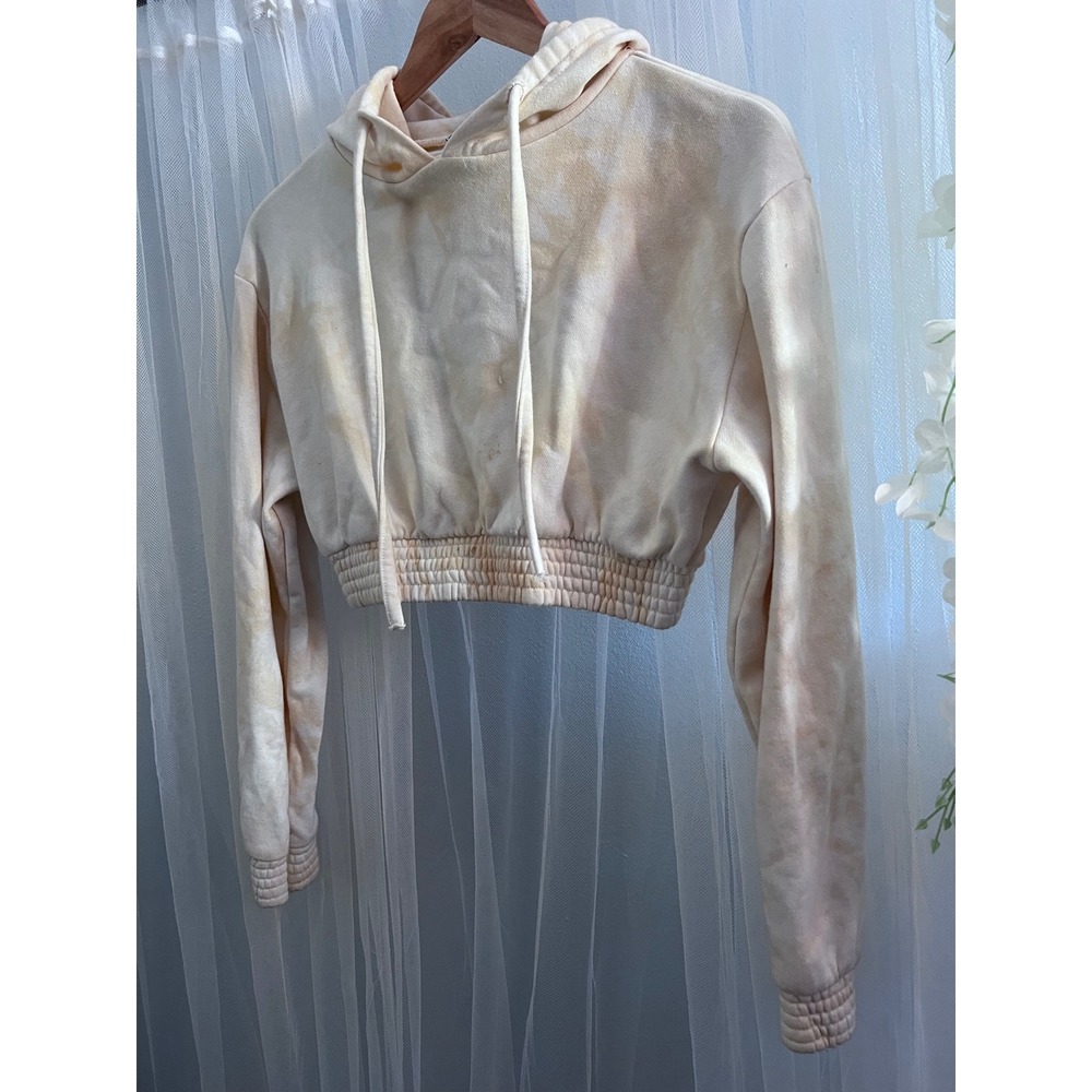 Adika Womens Small Tie Dye Cropped Hoodie Cream Peach Smocked Waist Pullover